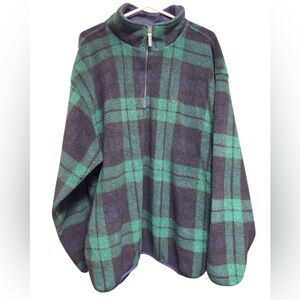 Vintage Izod Navy and Green plaid tartan quarter zip Fleece Pullover Sweater